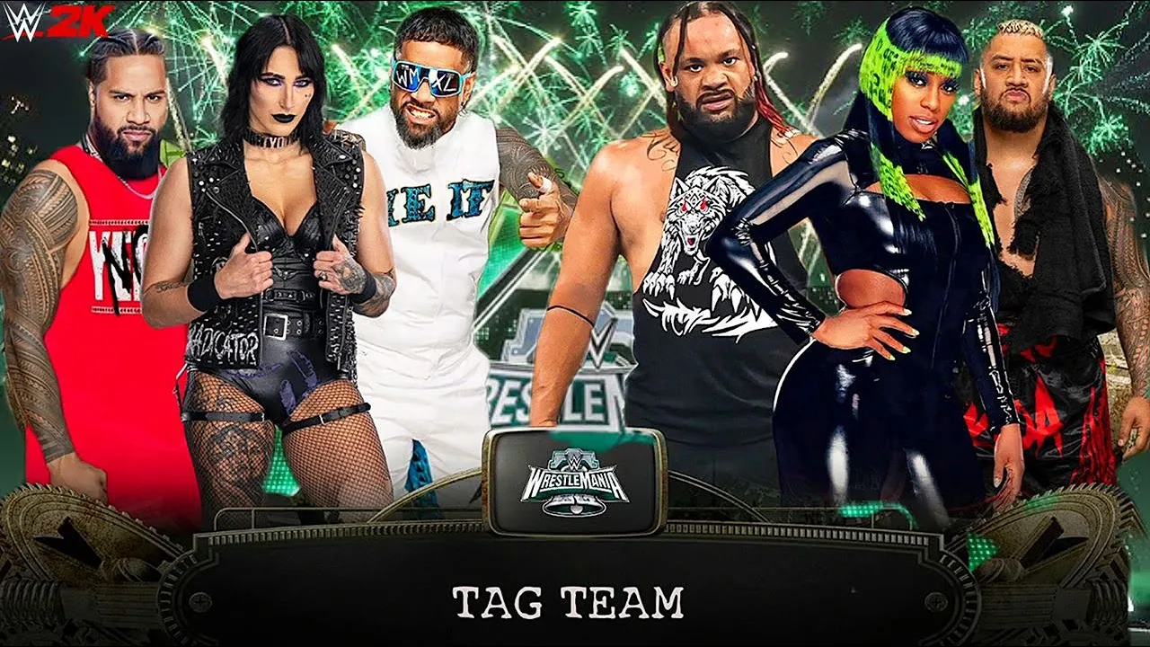 WWE2K24 - Naomi Solo Sikoa Jacob Fatu vs Rhea Ripley Jey Uso Jimmy Uso Mixed Gender Tag Match