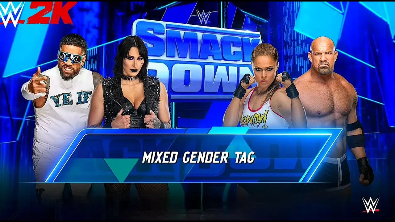 JEY USOS & RHEA RIPLEY VS RONDA ROUSEY & GOLDBERG | Mixed Gender Tag | WWE 2K24 #wwe #wwe2k24 background