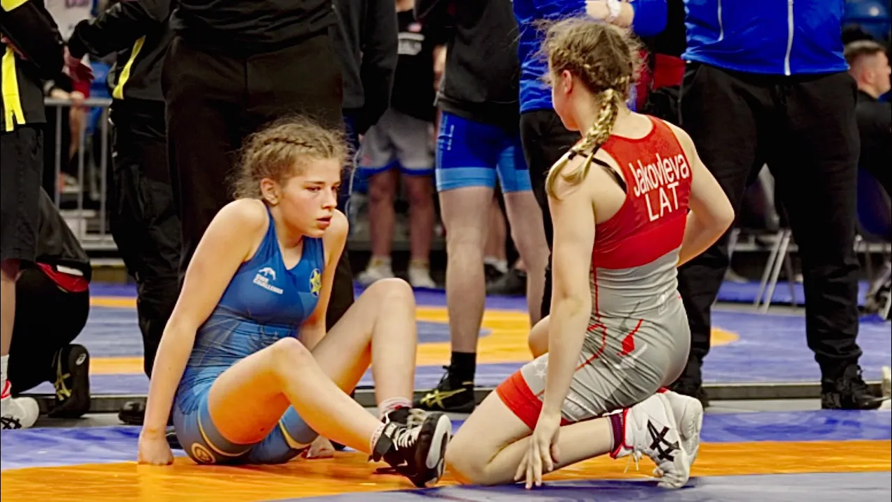 U15 Anastasija Jakovleva (LAT) vs Amalia Hedlund (SWE) 50kg. Women girls wrestling tournament. B-cam