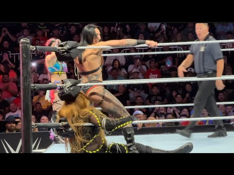 Rhea Ripley and Iyo Sky Stinkface Nia Jax during WWE Live Event 7/19/2025 background