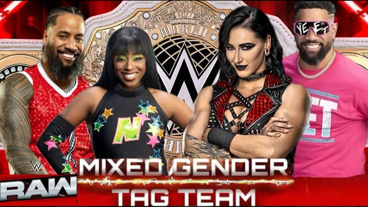 Rhea Ripley & Jey Uso vs Jimmy Uso & Naomi | Mixed Gender Tag | WWE 2K24 background