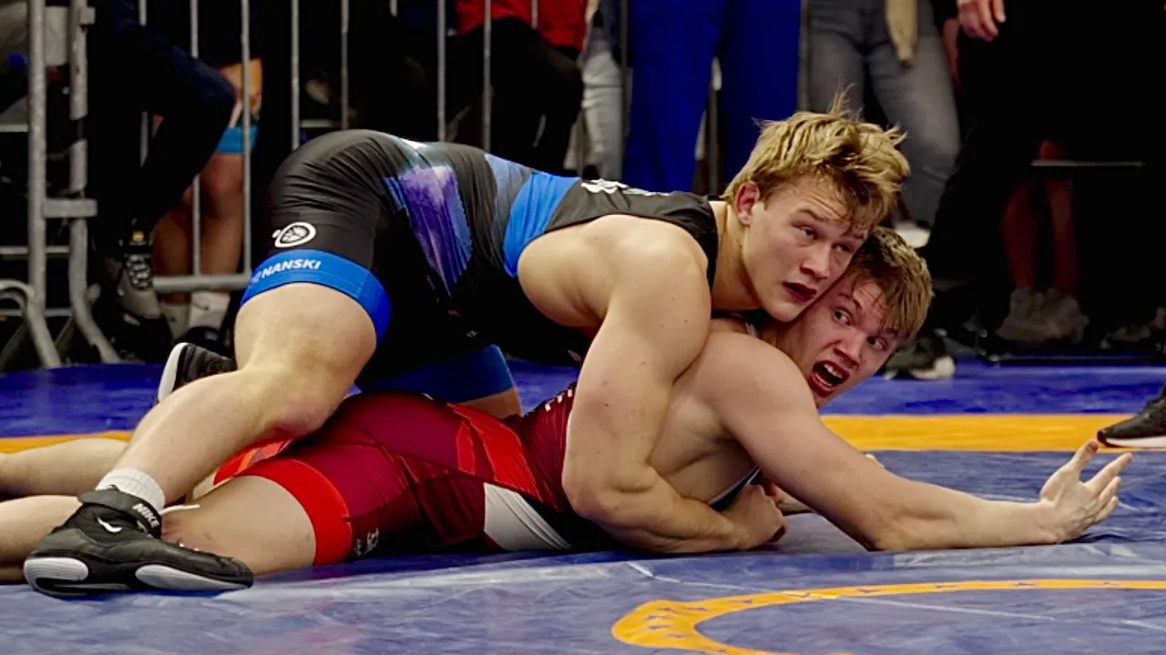 U20 Veeti Kajanne (FIN) vs Sebastian Abrant (FIN) 82kg. Greco-roman men wrestling. B-cam-man backdrop