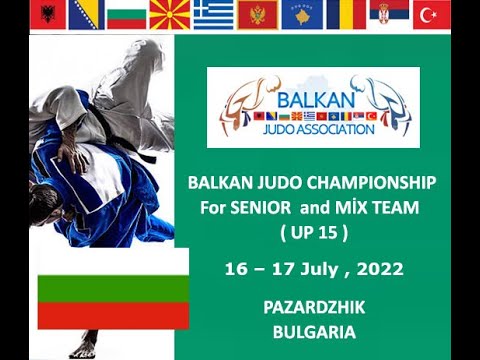 Tatami-1, Balkan Judo Championships TEAM EVENT - Pazardzhik 17.07.2022, Ivan Simeonov Hall background