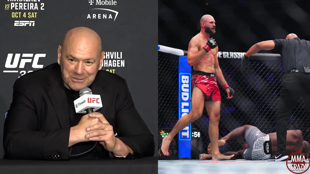 Dana White reacts to Jiri Prochazka's KO win over Khalil Rountree at UFC 320 background