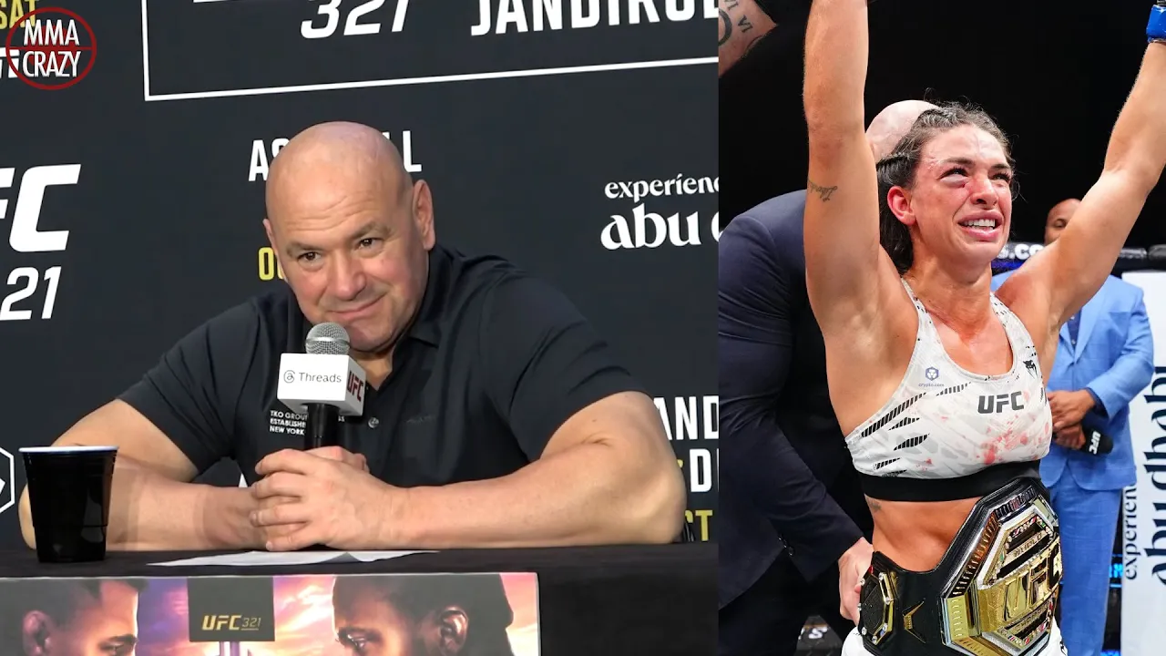 Dana White reacts to Mackenzie Dern's defeating Virna Jandiroba at UFC 321 background