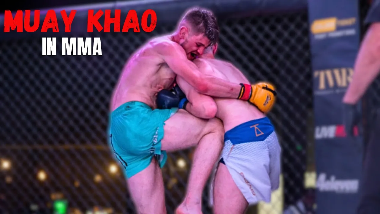 Muay Khao Style Muay Thai in MMA against Wrestling background