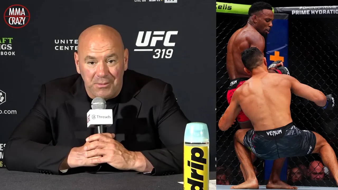 Dana White reacts to Aaron Pico spinning elbow KO loss to Lerone Murphy at UFC 319 background