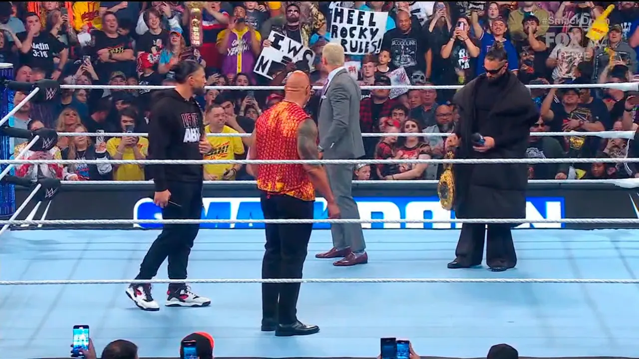 Cody Rhodes and Seth Rollins confront The Rock and Roman Reigns - WWE SmackDown 3/8/2024