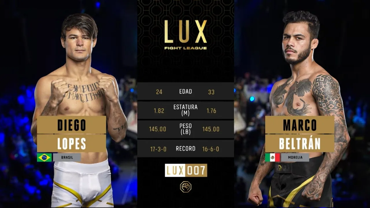 Por el cinturón de las 145 lbs Diego Lopes contra Marco "Psyco" Beltrán background