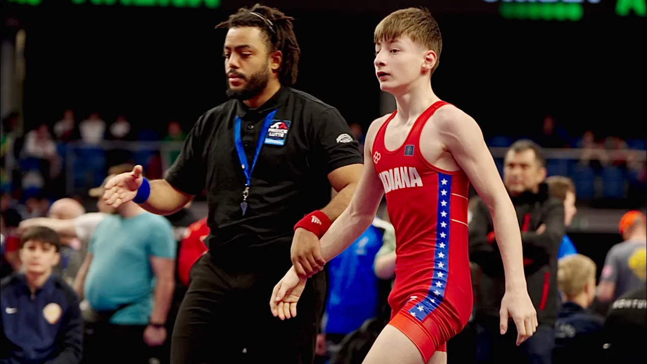 U15 David Bartel (GER) vs Oleh Sobachko (UKR) 57kg. Freestyle boys wrestling tournament.