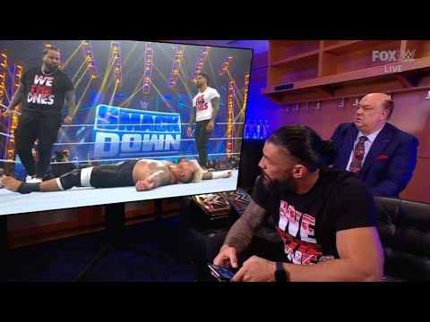 Roman Reigns Reaction After Usos Destroys & Smash Solo Sikoa WWE Smackdown 2023 Highlights background