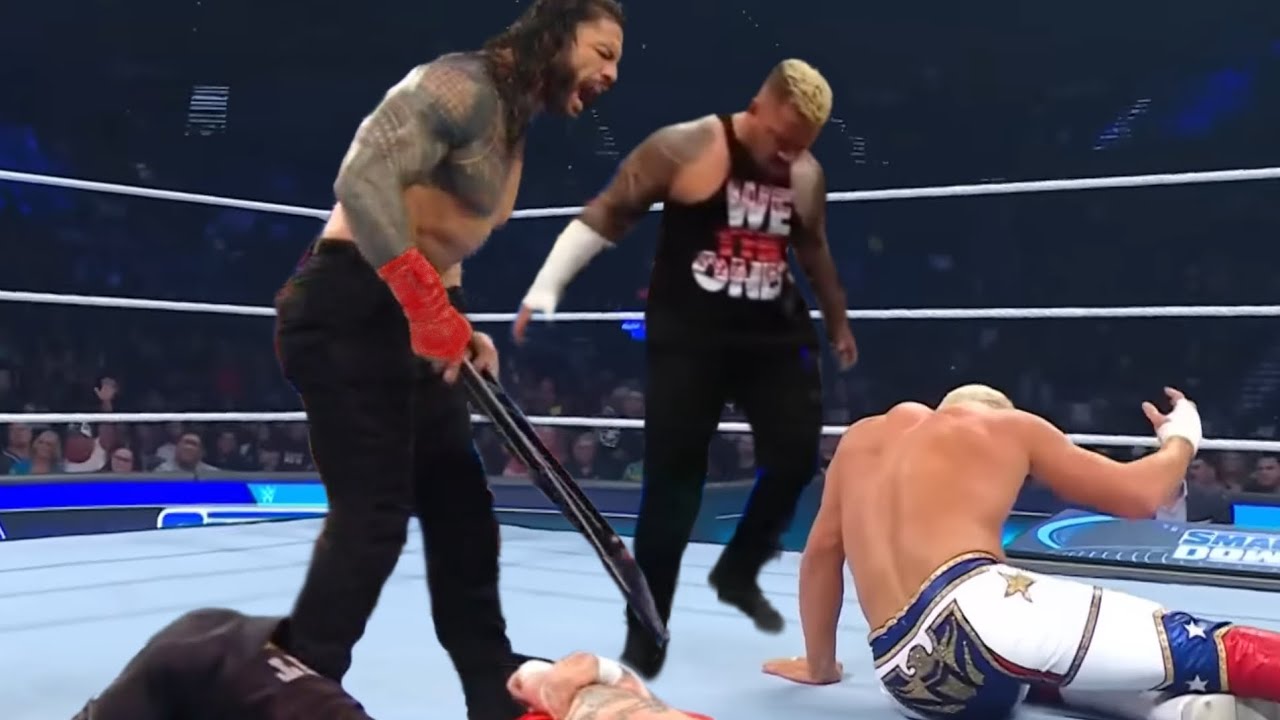 Roman Reigns Destroys Cody Rhodes With Steel Chair WWE Smackdown 2023 Highlights background