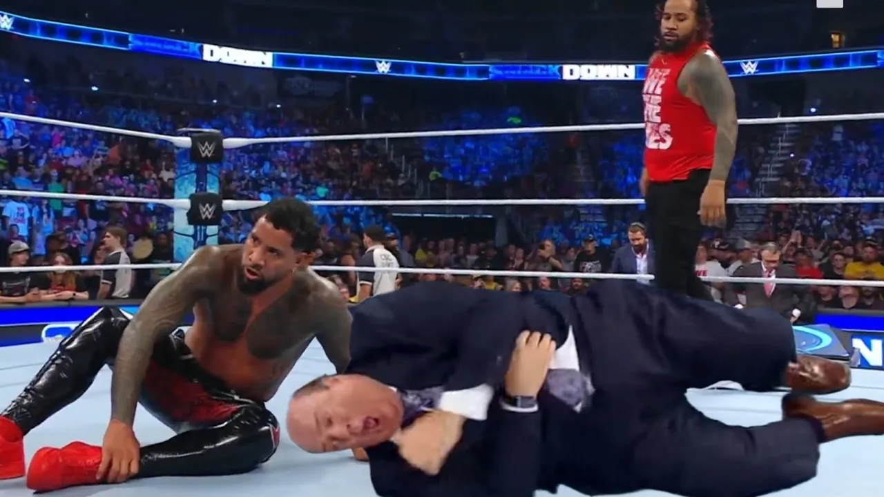 Jimmy & Jey Uso Finally Attacks Paul Heyman After Cheating Roman Reigns WWE Smackdown 2023 Highlight background