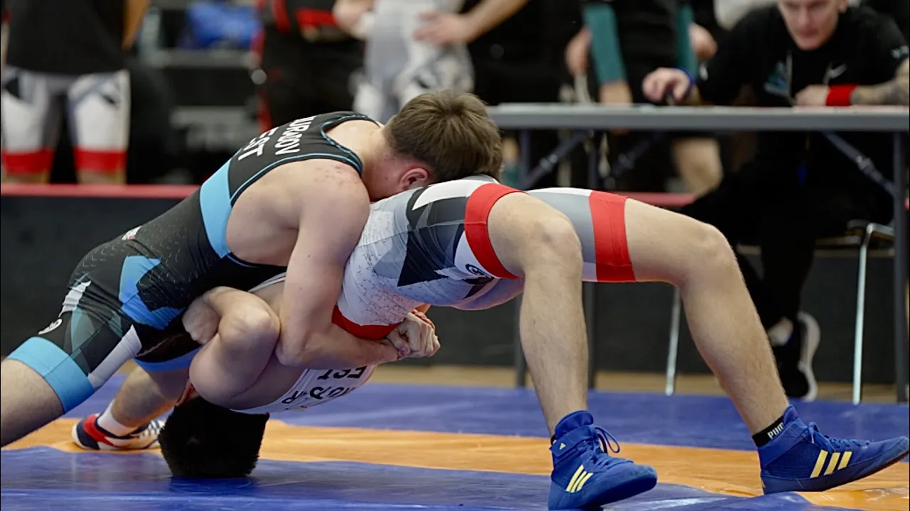 U20 Mario Kutsar (EST) vs Nikita Muradov (EST) 63kg. Greco-roman men wrestling tournament. background