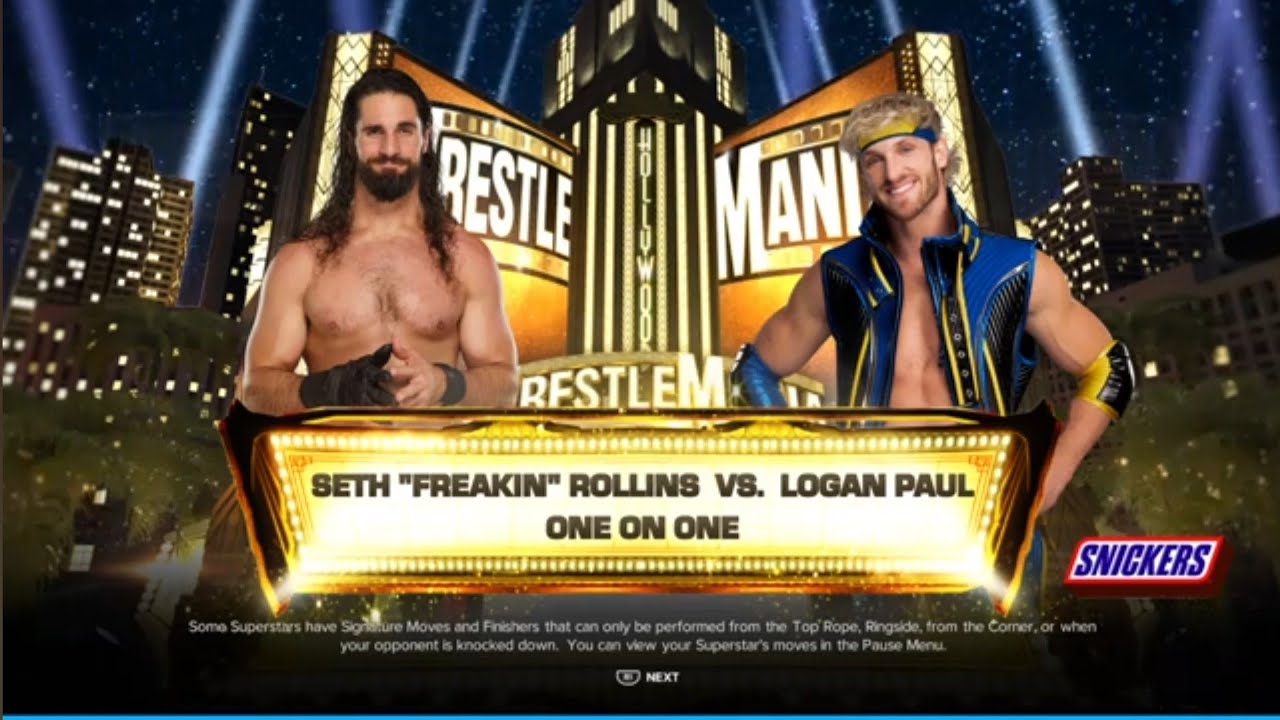 Seth Rollins vs Logan Paul. WrestleMania 39. WWE 2K24 background