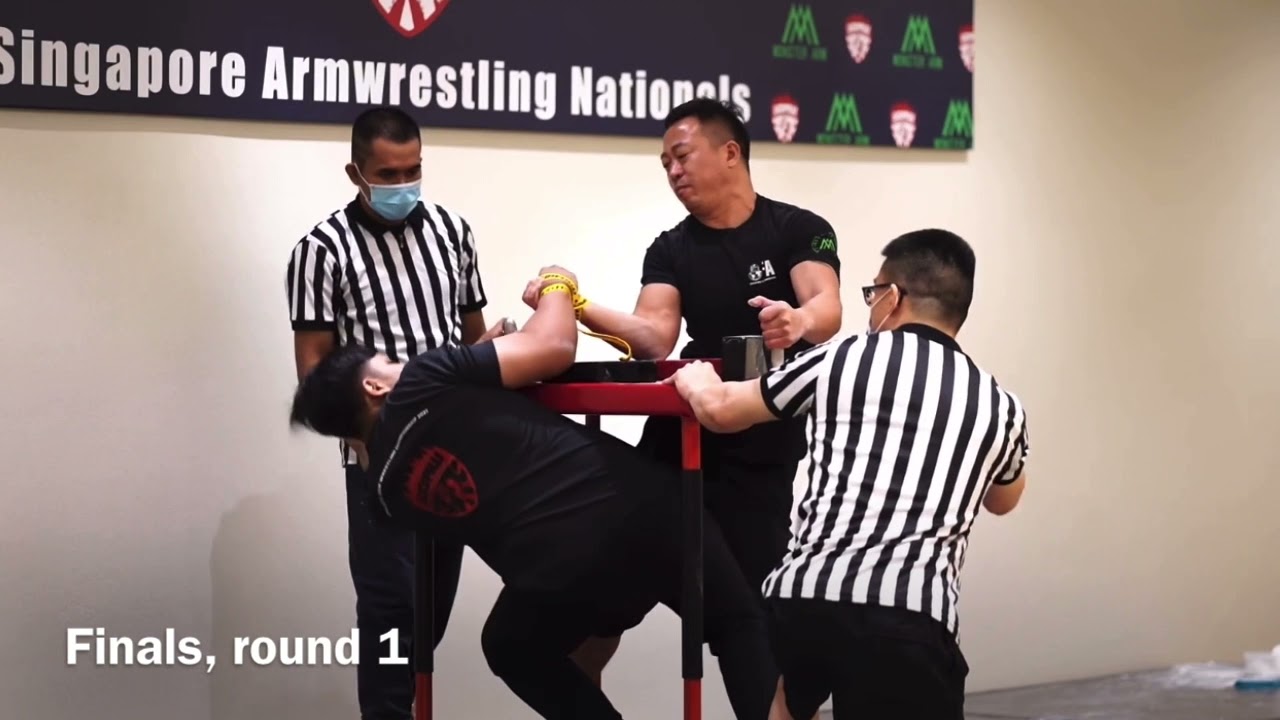Lihua vs. Adzhan | Singapore Armwrestling Nationals 2021 | u86kg right hand class background