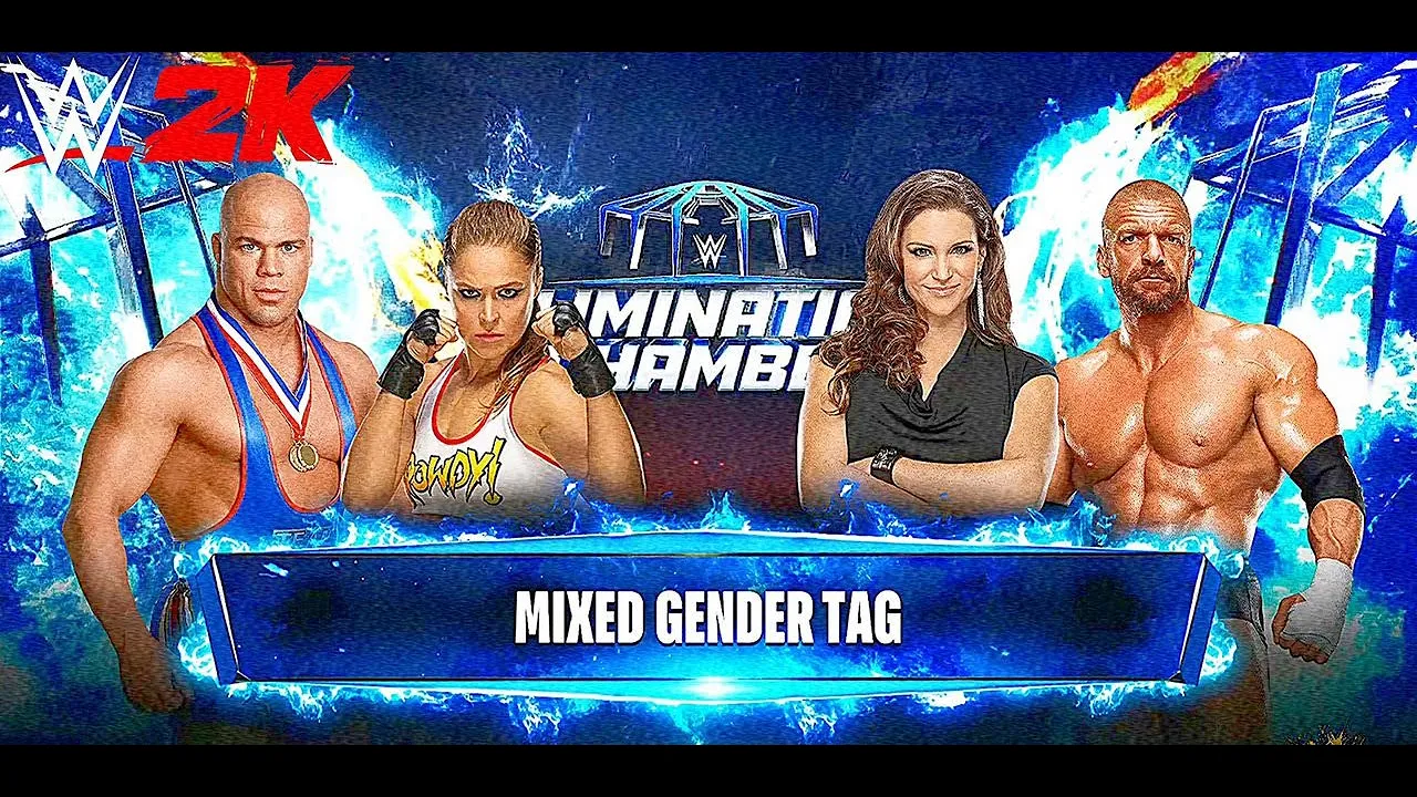 Ronda Rousey & Kurt Angle vs Triple H & Stephanie | Mixed Gender Tag Team | wwe2k24#wwe #wwe2k24 background