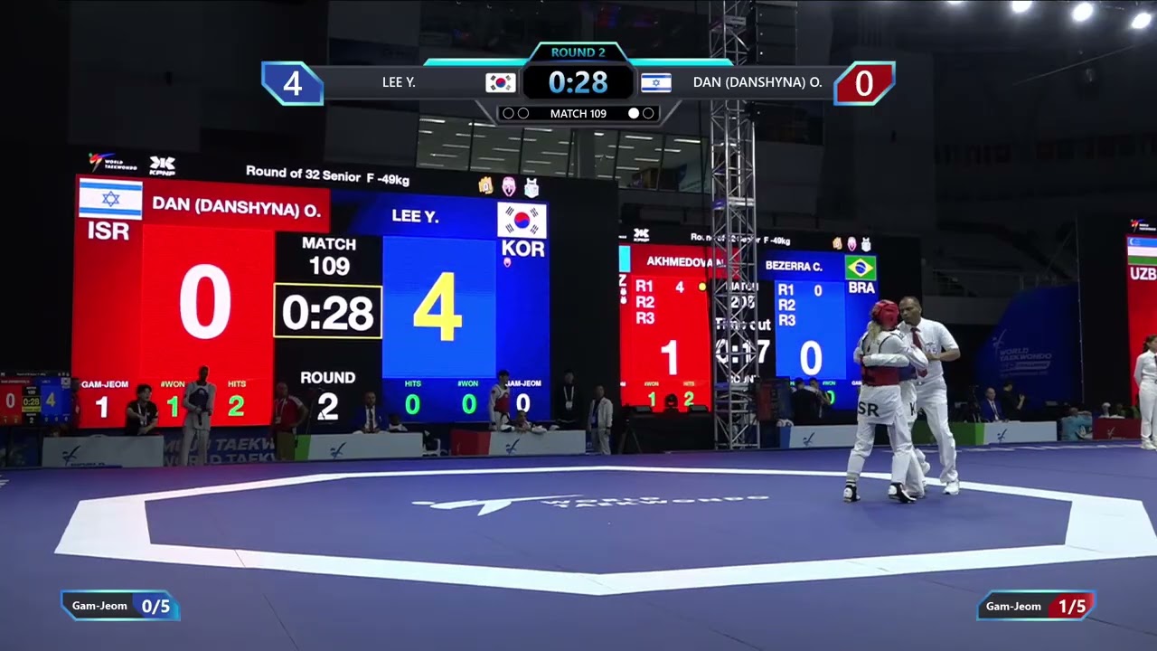 109 Round of 32 F 49kg KOR LEE Y ISR DAN DANSHYNA O PGM background