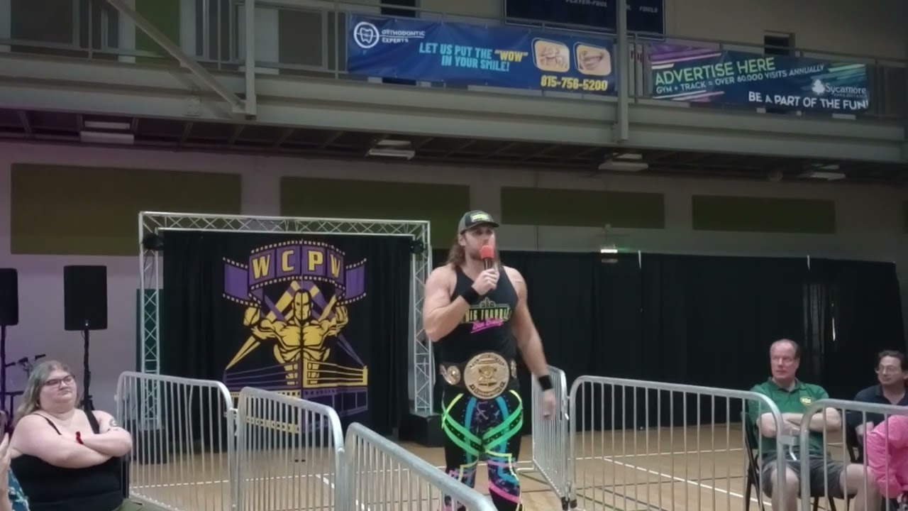 the Silver Snake Richard Adonis addresses the WCPW fans in Sycamore, IL backdrop