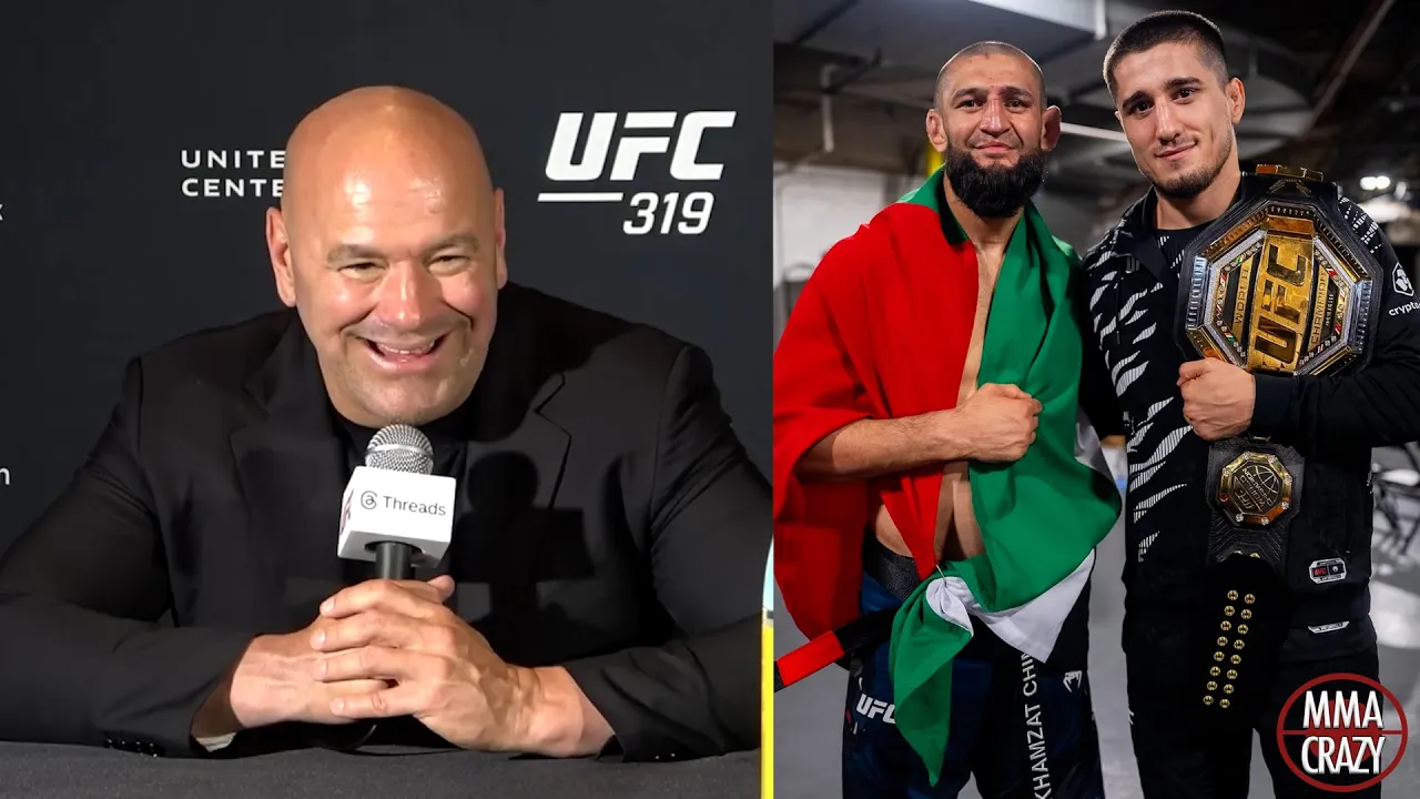 Dana White reacts to Baisangur Susurkaev win over Eric Nolan at UFC 319 background