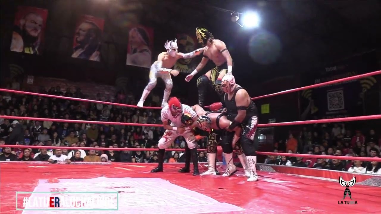 Recortando la lucha: Águila Dorada - Carnicero - León Rojo Jr Vs Titanium - Ángel Kid - Shura King background