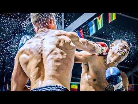 MUAY THAI FIGHTER VS BOXER IN A BOXING FIGHT GERMANY VS THAILAND backdrop