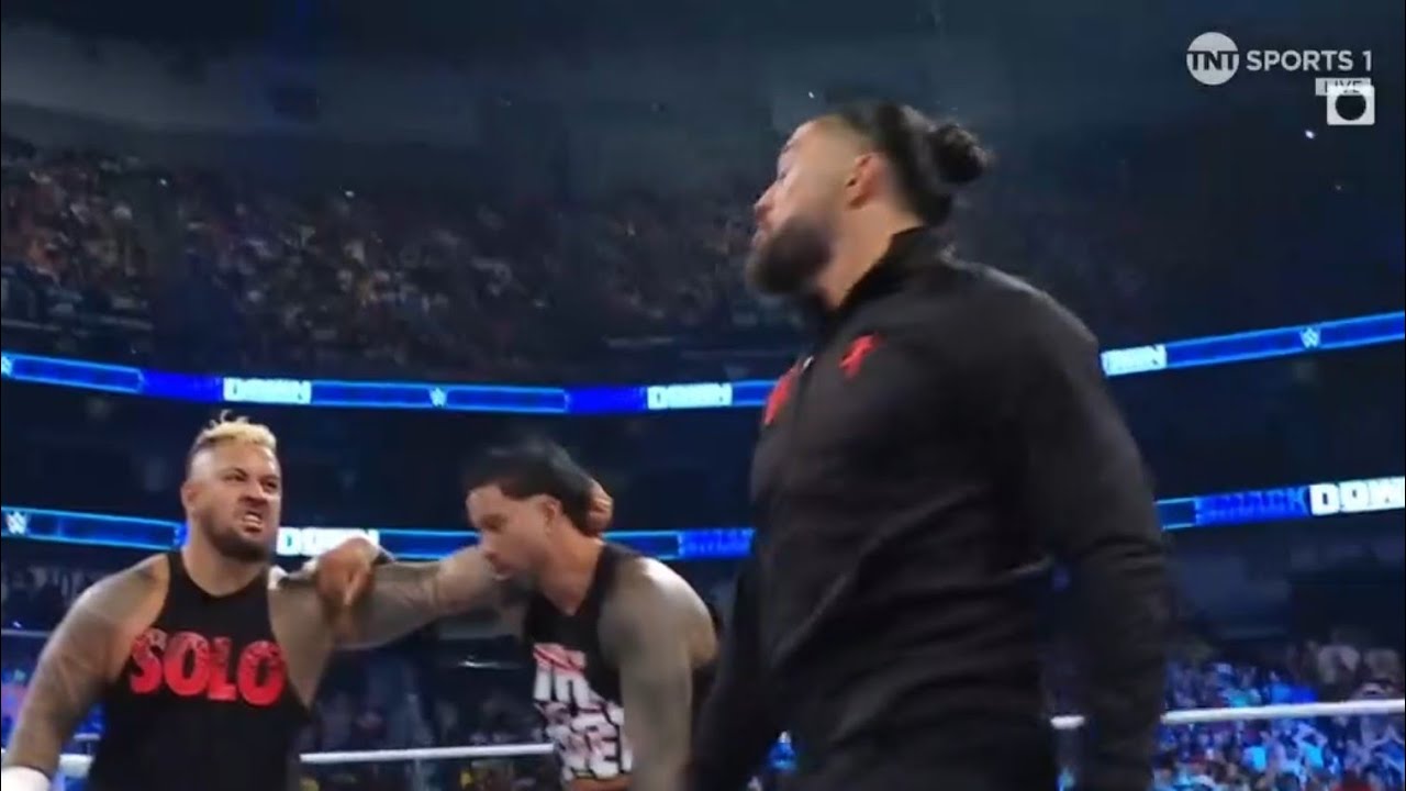 Roman Reigns & Solo Sikoa Destroys Jey Uso With Spear Spike WWE Smackdown 2023 Highlights background