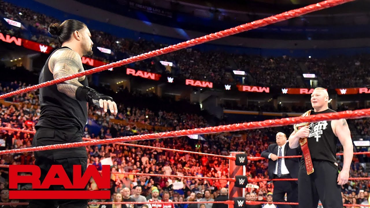 Roman Reigns and Brock Lesnar meet before the Greatest Royal Rumble event: Raw, April 23, 2018 background