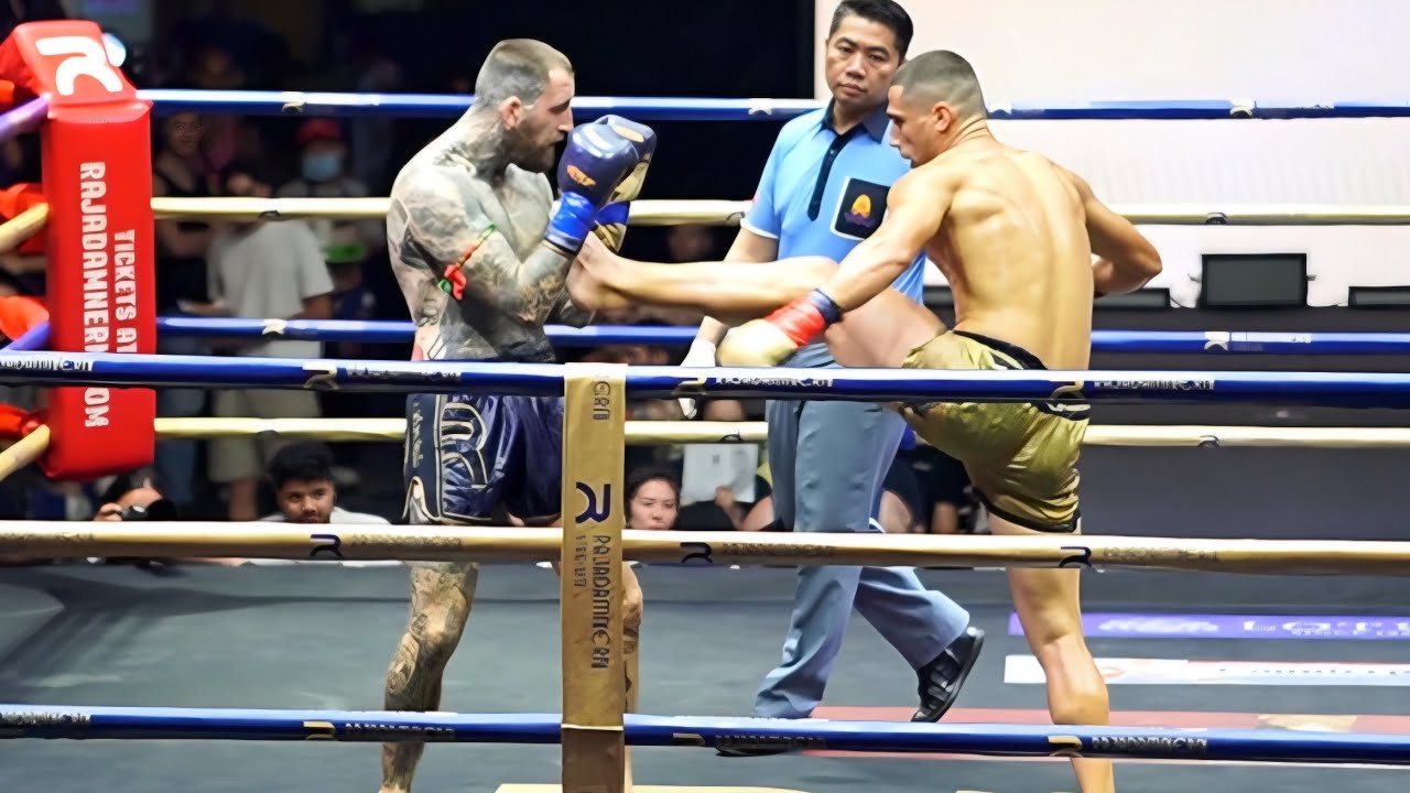 Great Muay Thai Fight At Rajadamnern Stadium Bangkok Thailand background