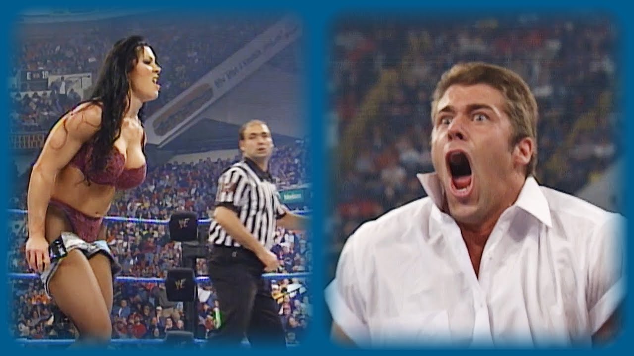 Chyna provokes Steven Richards by wrestling in Bra & Panties: SmackDown!, Sep. 28, 2000 backdrop