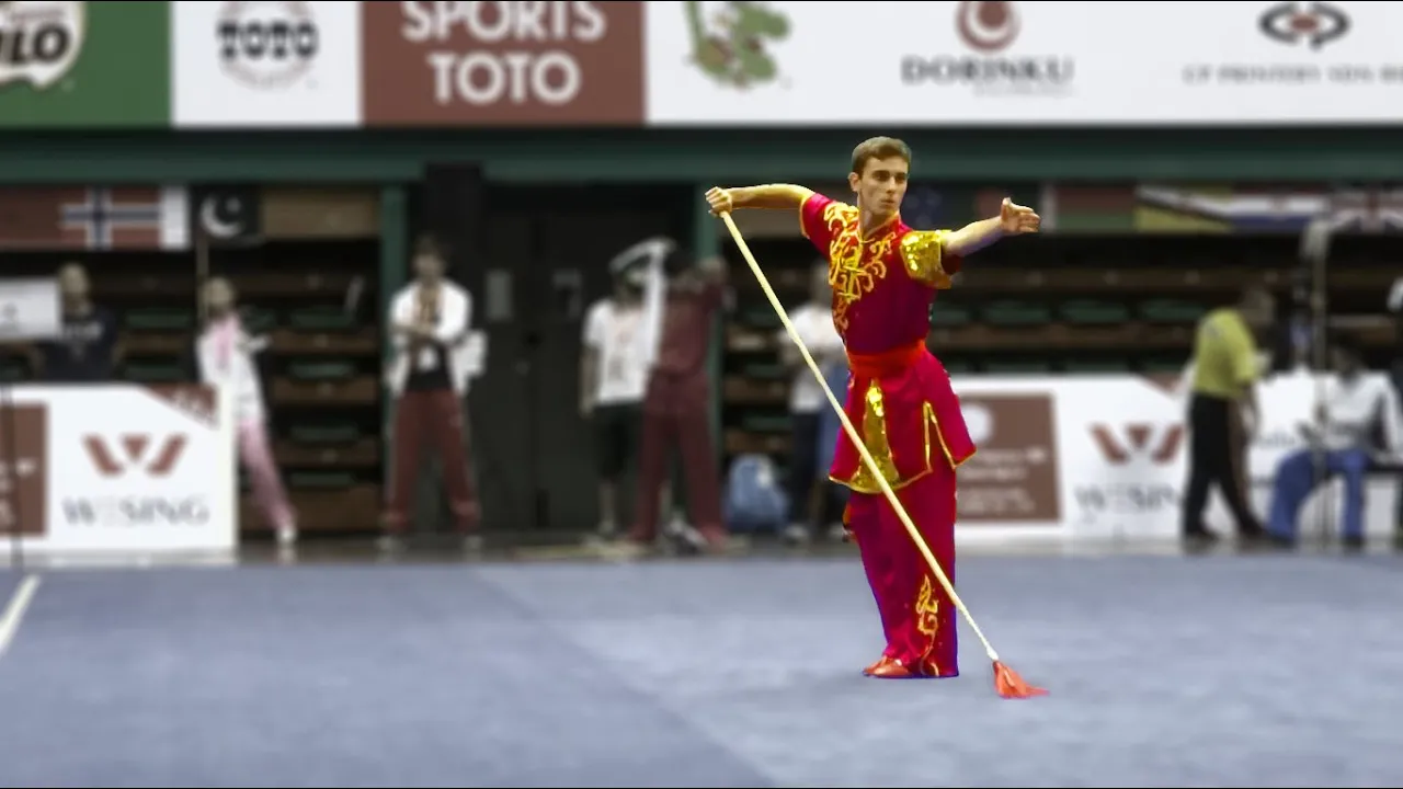 12th World Wushu Championships, Men Qiangshu ITA Demaria Davide 9.08 background