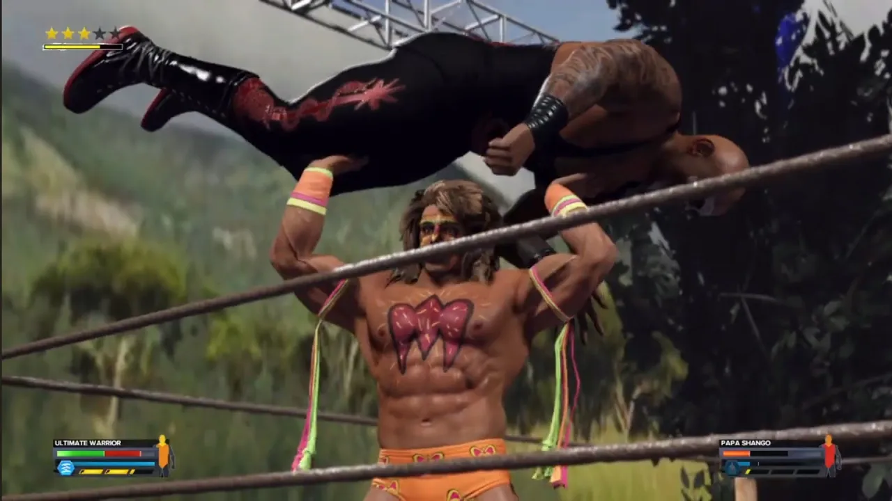The Ultimate Warrior vs Papa Shango. Caribbean Jungle Match. WWE 2K24 background