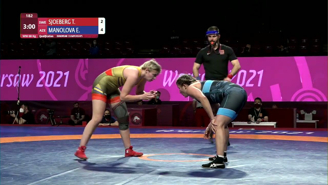 Qual. WW - 68 kg: T. SJOEBERG (SWE) v. E. MANOLOVA (AZE) background