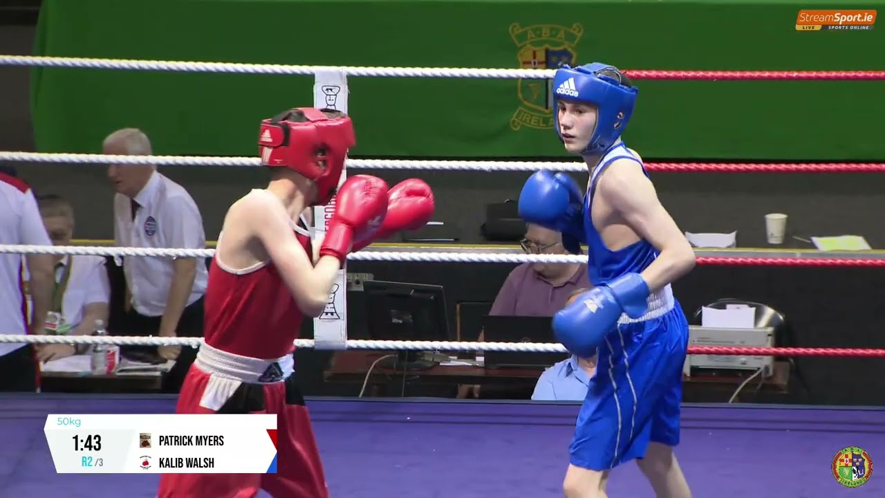 2024 National Senior Cadet Championship: 50kg Patrick Myers (Spartaus) v Kalib Walsh (Wexford CBS) backdrop