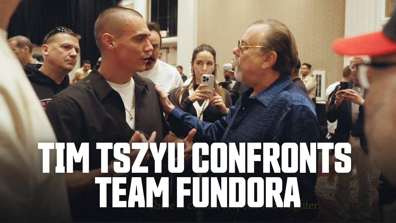 Tim Tszyu confronts Sebastian Fundora's manager aka "the weasel" at press conference background