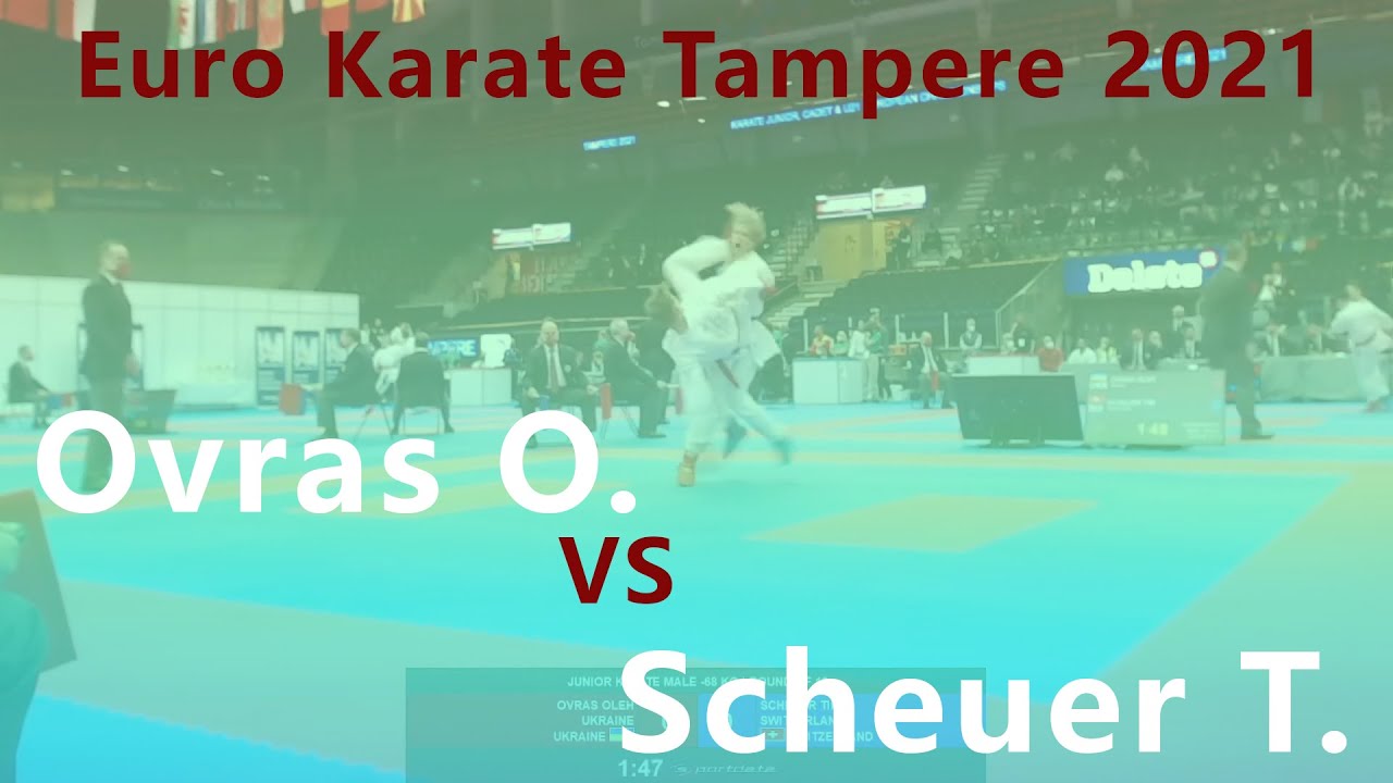 European Championship. Tampere 2021. Ovras Oleh - Scheuer Tim. Junior kumite male -68 kg backdrop
