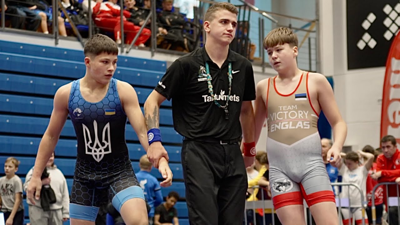 U13 Karl Tölpus (EST) vs Sviatoslav Koval (UKR) 70kg. Greco-roman boys youth wrestling. B-cam-man
