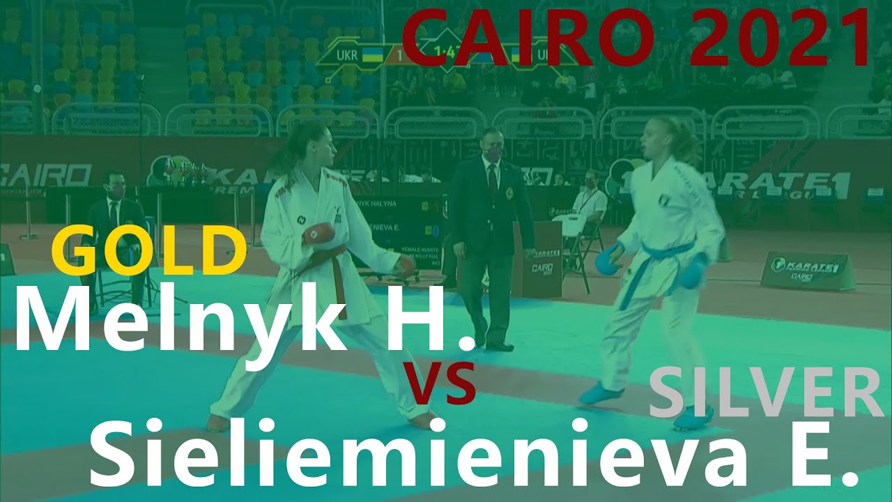 Karate1. Premier League. Cairo 2021. Melnyk Halyna - Sieliemienieva Elina. Female kumite -68kg Final background