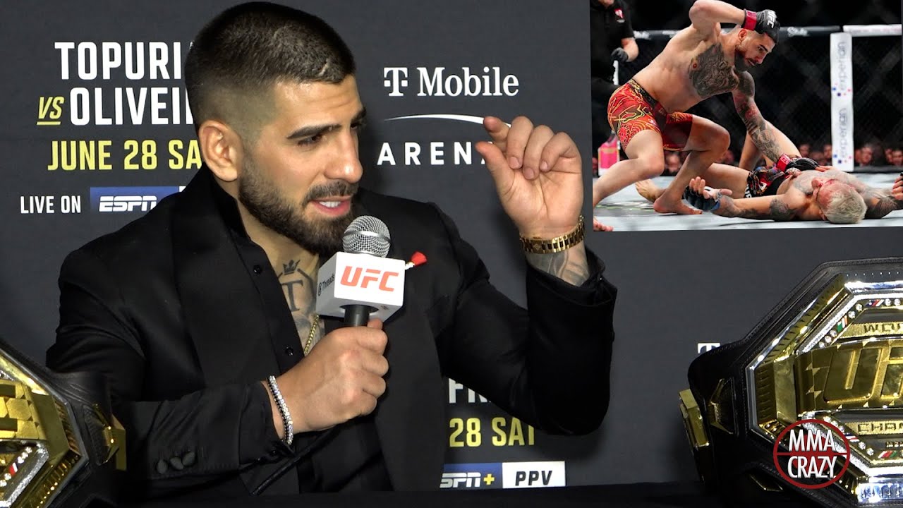 Ilia Topuria Reacts to KO VICTORY over Charles Oliveira at UFC 317 background