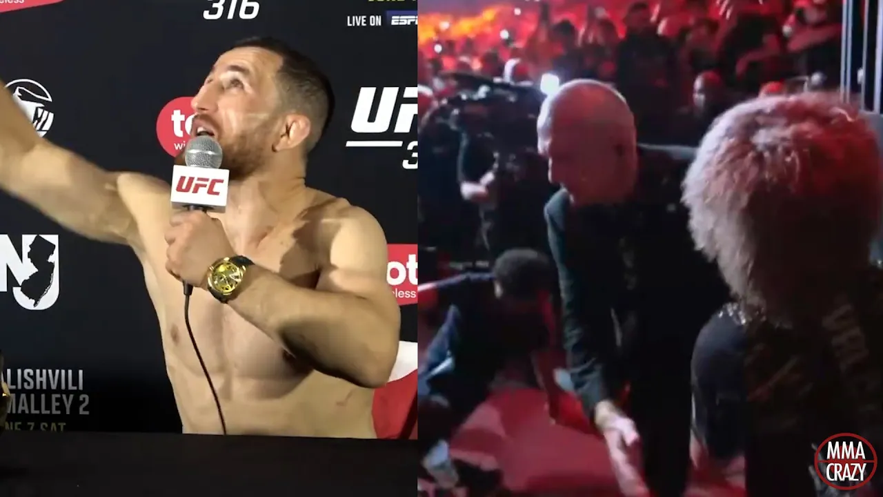 Merab Dvalishvili reacts to barrier collapse during his UFC 316 walk out background