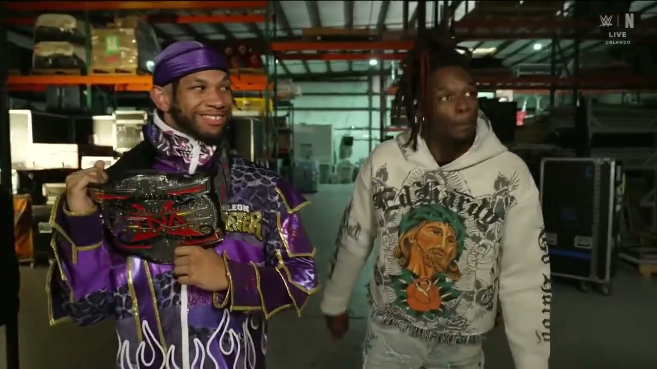 Leon Slater & Je’Von Evans mock Stacks & Arianna Grace backstage | NXT Oct 21, 2025 background