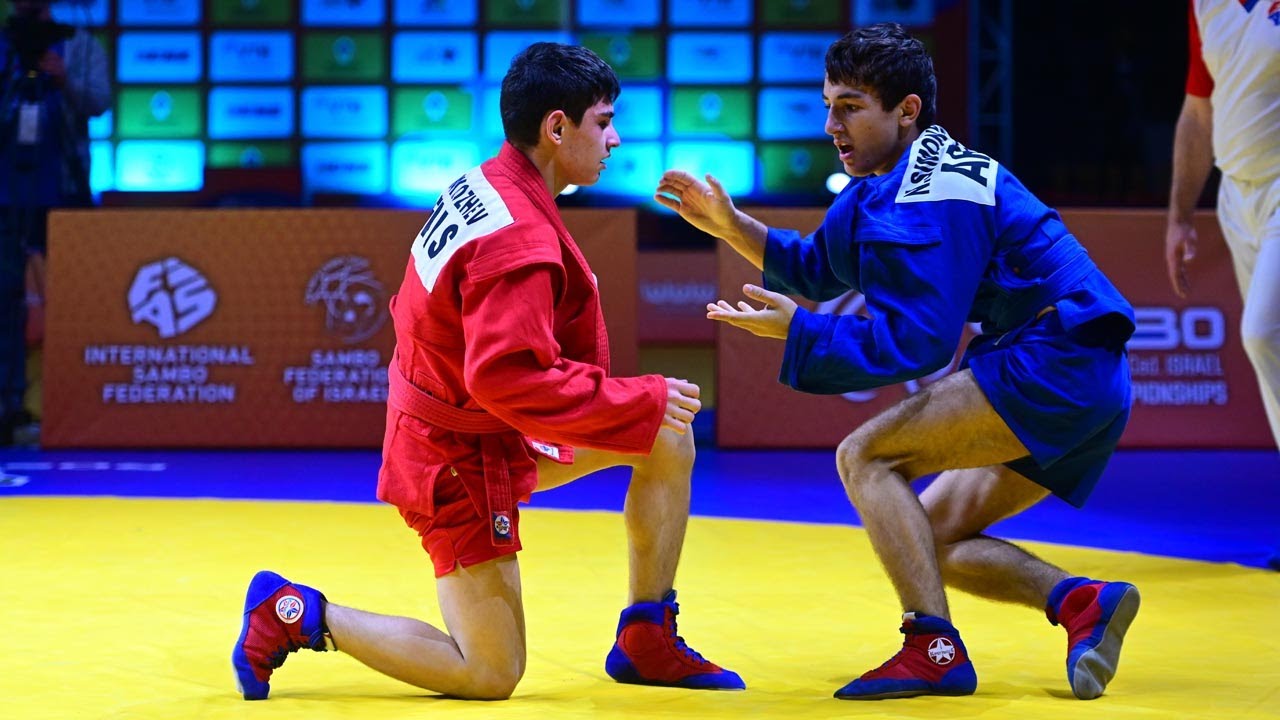MAKHOZHEV Ismail vs SIMONYAN Narek. Cadets male 53 kg. European SAMBO Championships 2023 backdrop