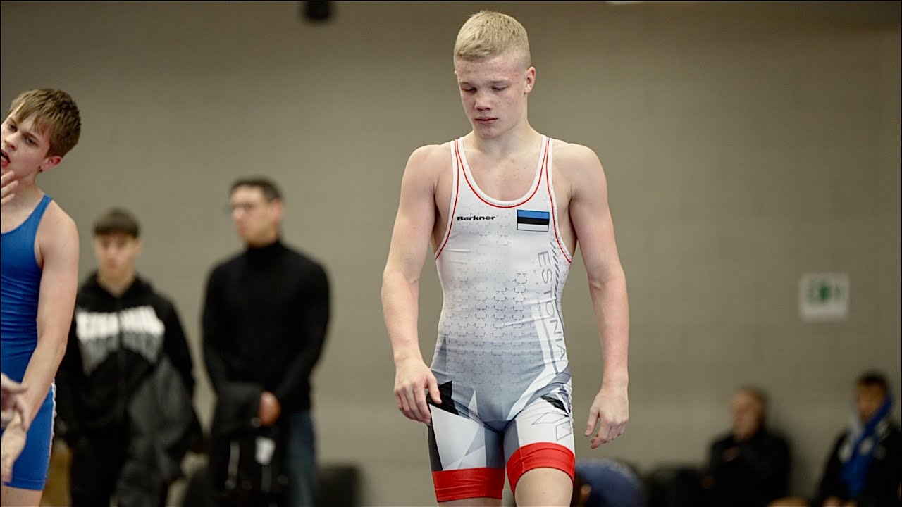 U20 Raimond Prous (EST) vs Mairold Einard (EST) 55kg. Greco-roman boys youth wrestling tournament. background