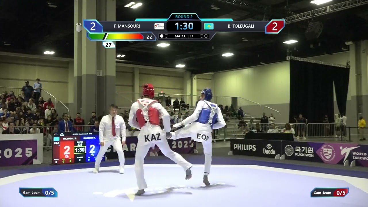 333 Quarterfinals M 80kg RTA F MANSOURI KAZ B TOLEUGALI PGM background