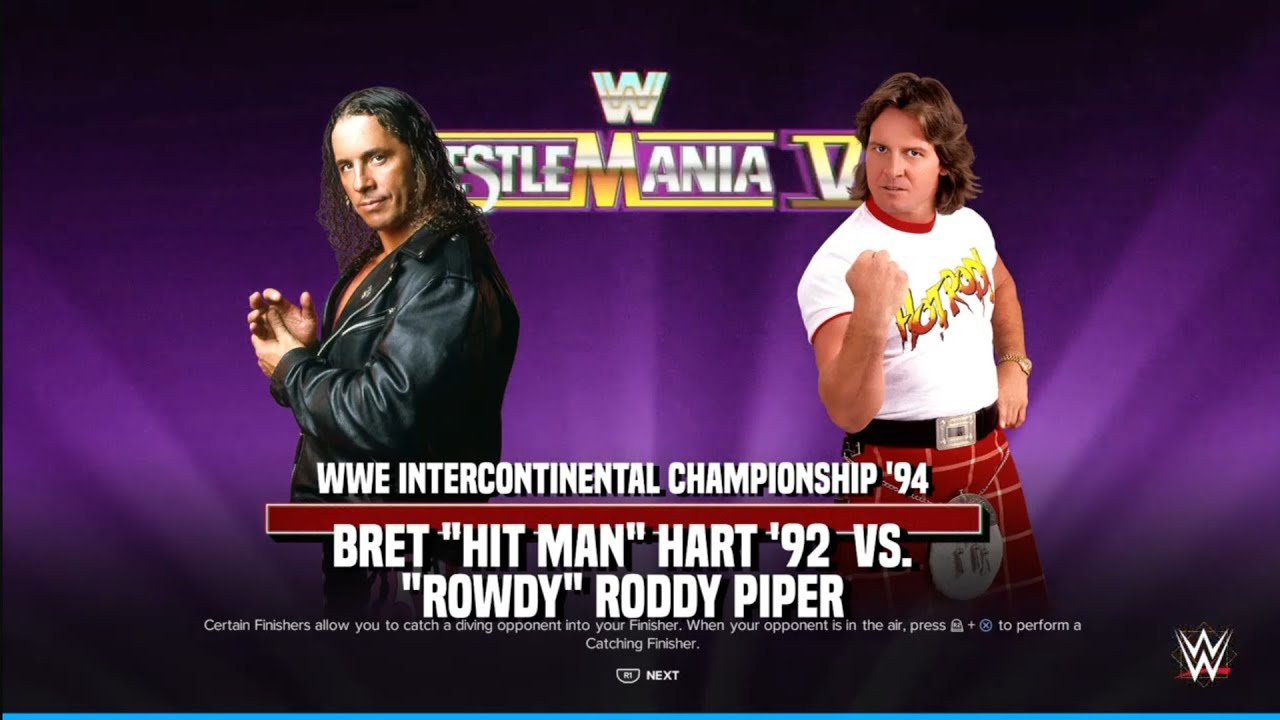 Bret Hart vs Rowdy Roddy Piper. WrestleMania 8. WWE 2K24 background