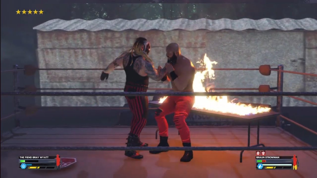 The Fiend vs Braun Strowman. Wyatt Compound. WWE 2K24 background