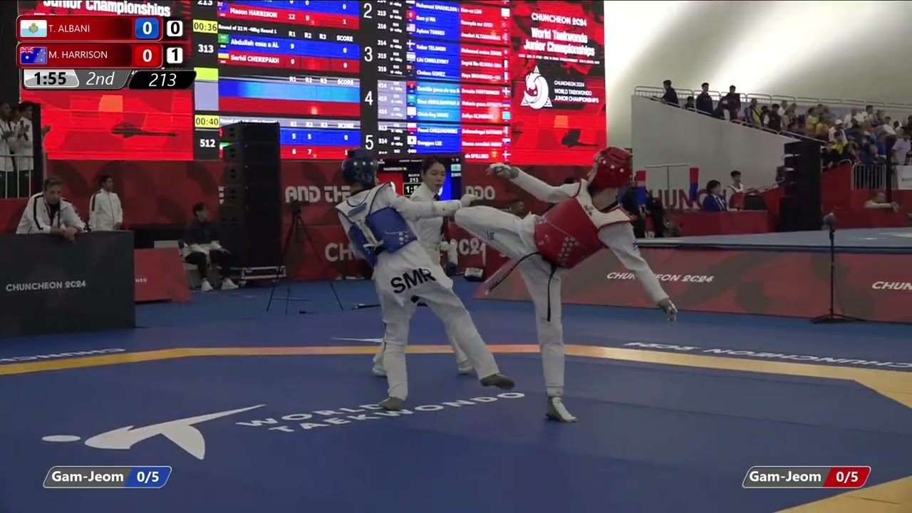 213 Round of 32 Men 48kg SMR T ALBANI AUS M HARRISON background