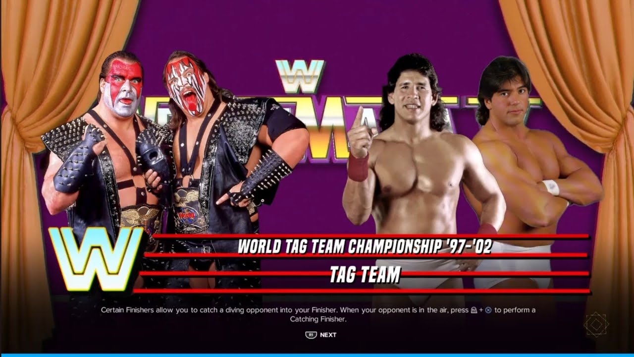 Demolition vs Strike Force. WrestleMania 4. WWE 2K24 background