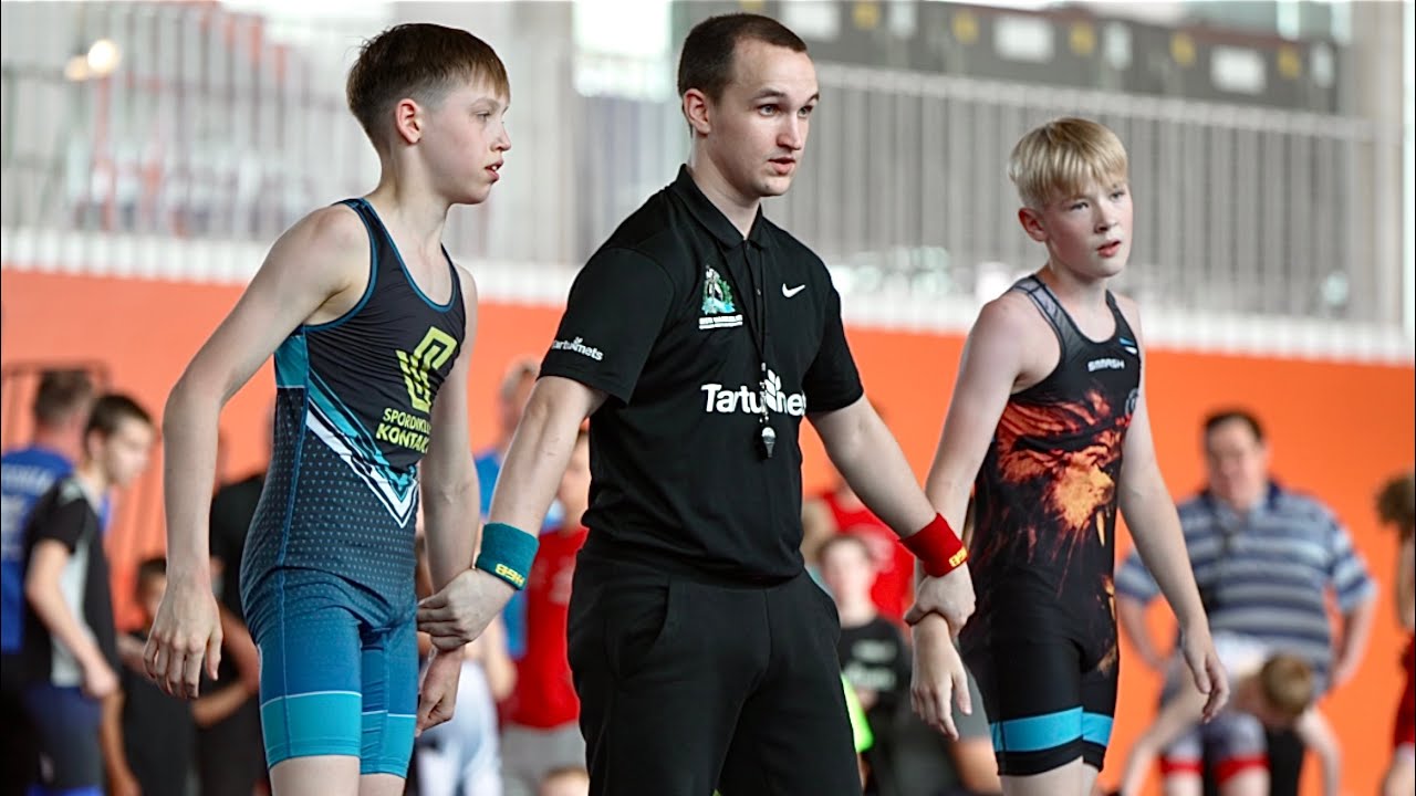 U17 Aleksander Siimann (EST) vs Lev Vassiljev (EST) 45kg. Greco-roman boys youth wrestling. background