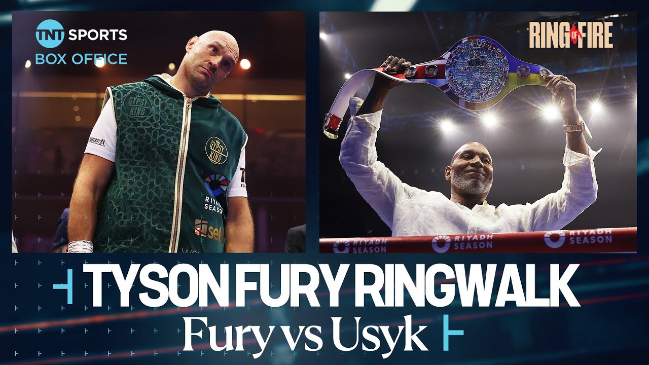 👑 Tyson Fury's INCREDIBLE ringwalk before facing Oleksandr Usyk at #RingOfFire 🔥 #FuryUsyk 🇸🇦 background